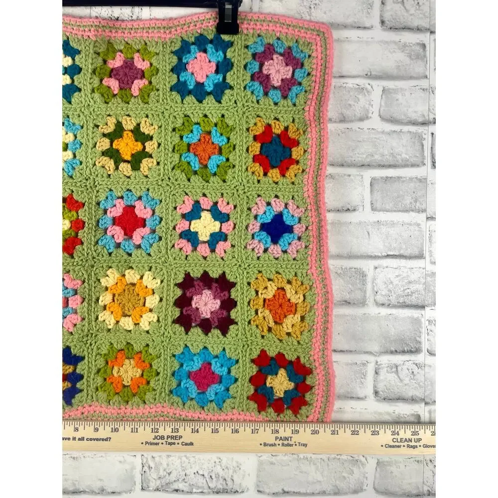 Vintage Crochet Granny Square Doll Blanket Pink Green Stroller Afghan 22x26